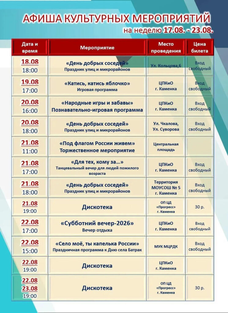 Афиша культурных мероприятий август 2026
