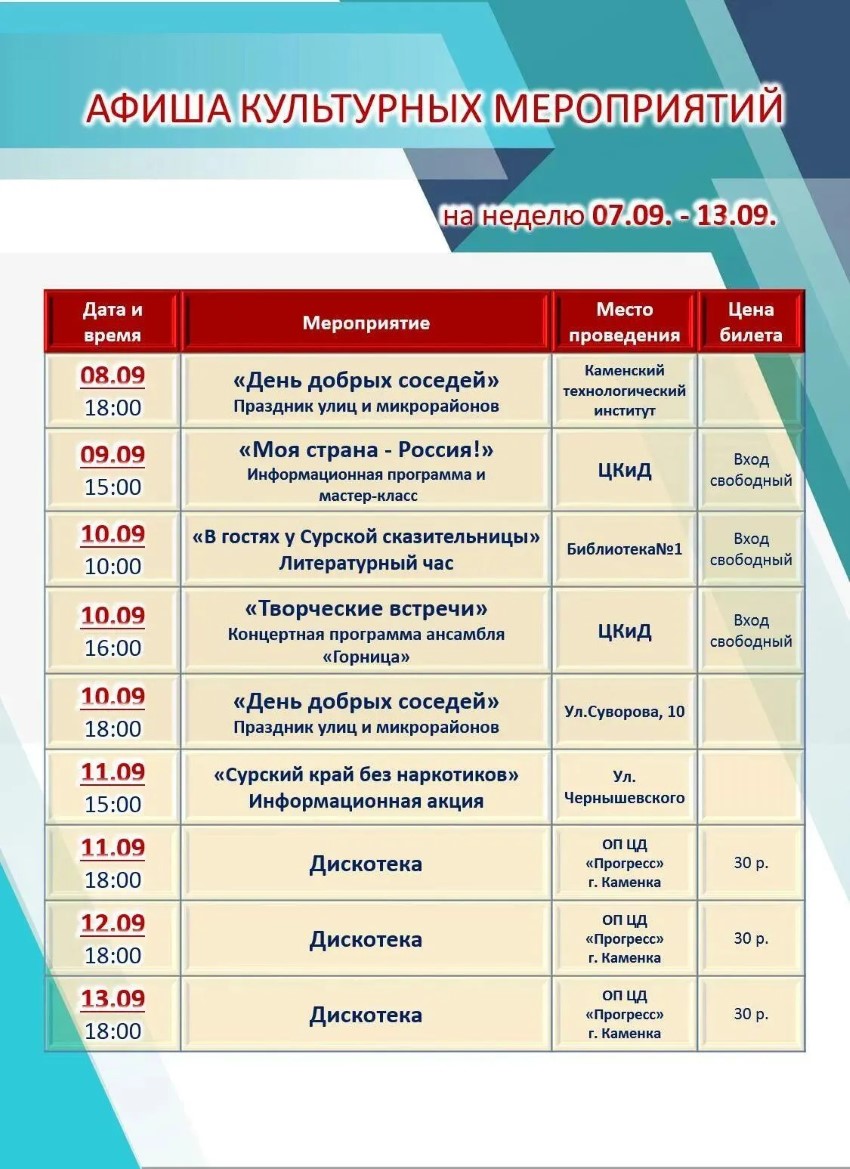 Каменка Афиша культурных мероприятий на неделю 8 – 13 сентября